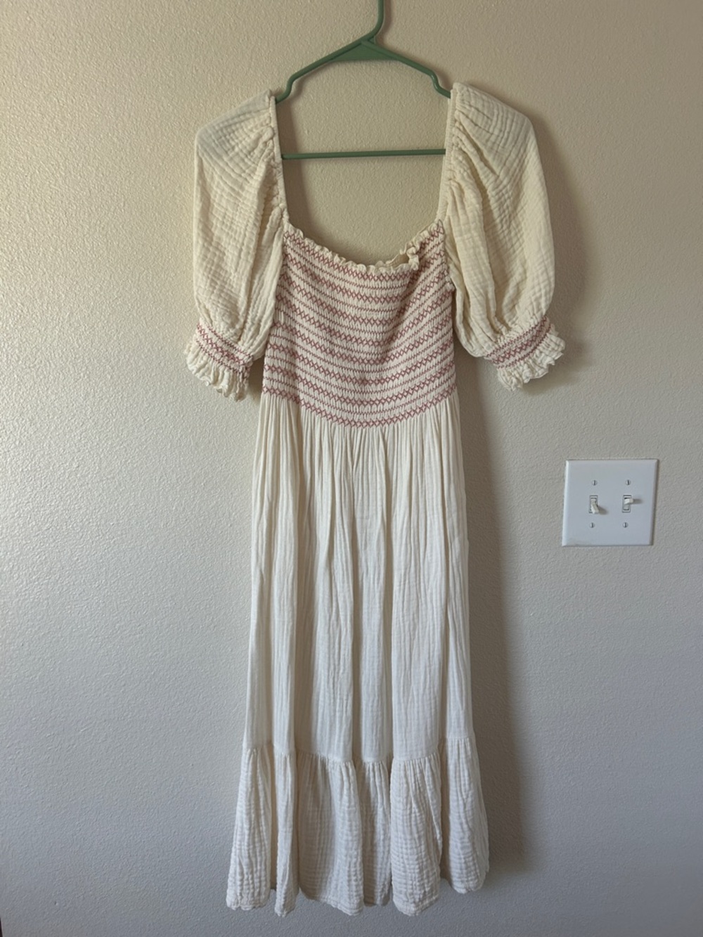 Smocked Nothing Fits But Maternity or Nursing Cream Dress with Pink Accent